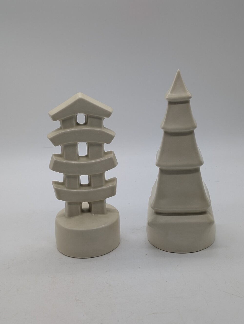 Vintage MCM Ceramic Chess Pieces PagodaTorii Gate Signed Crow Cream Rook Knight